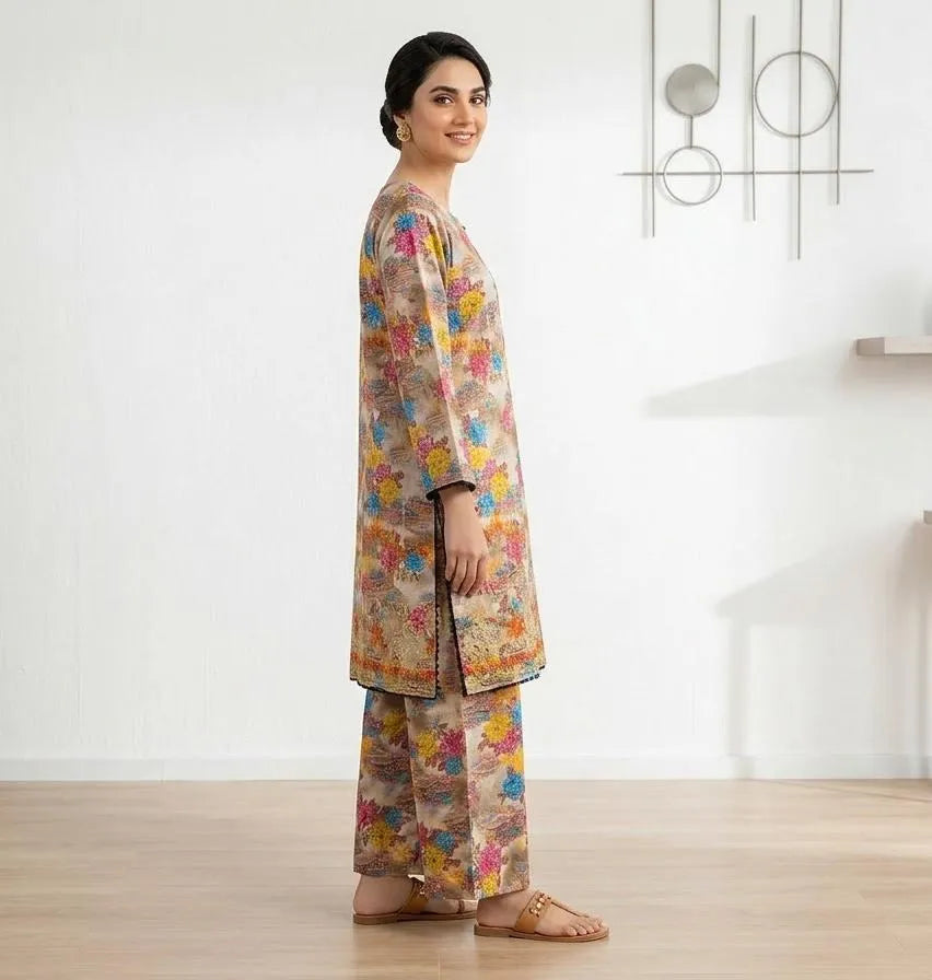 Floral Lawn Kurta Set for Women (BIEGE)