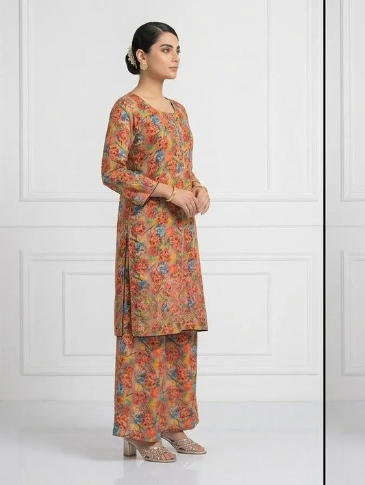 Lawn Printed Kurta Set for Women (ORANGE)