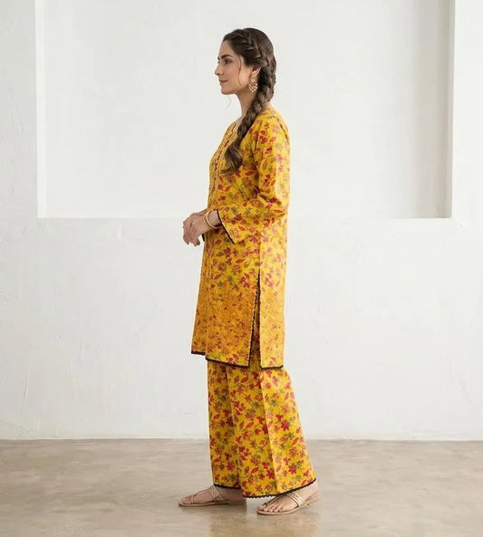 Lawn Printed Kurta Set for Women (YELLOW)
