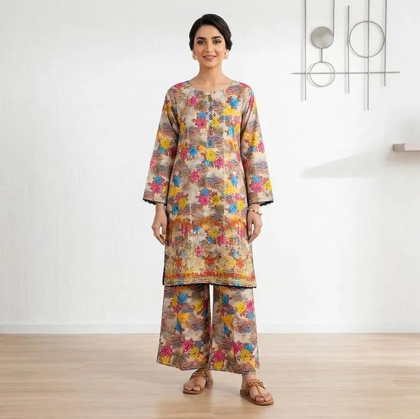 Floral Lawn Kurta Set for Women (BIEGE)