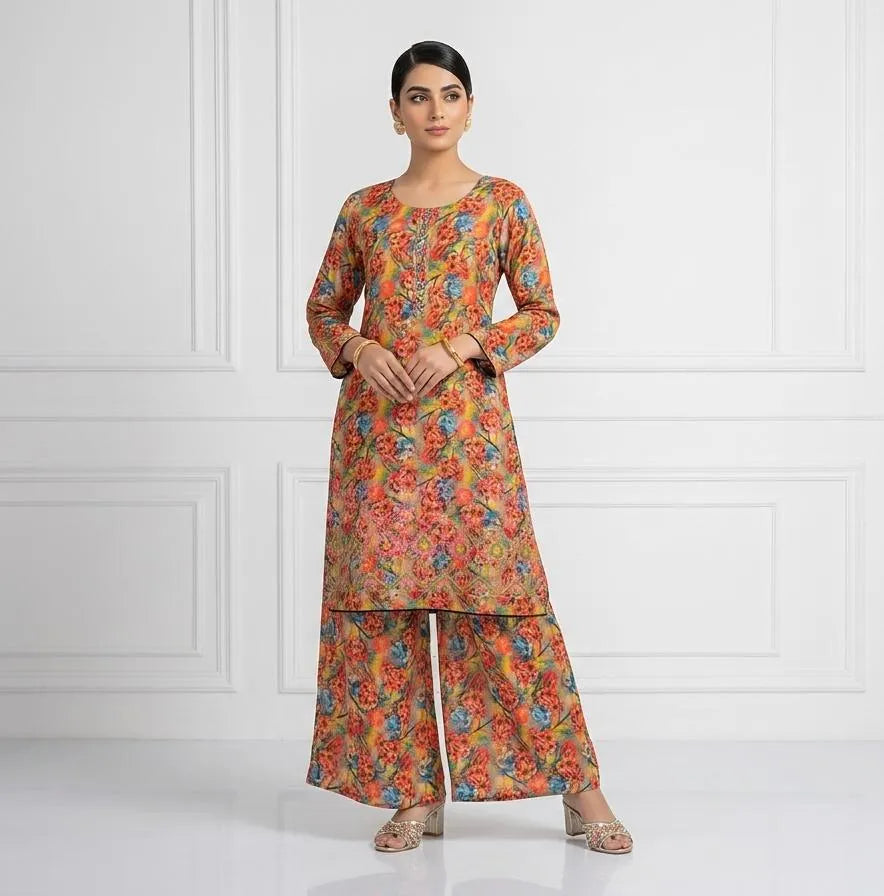Lawn Printed Kurta Set for Women (ORANGE)