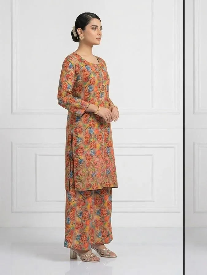 Lawn Printed Kurta Set for Women (ORANGE)