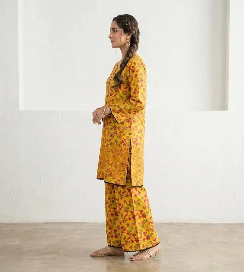 Lawn Printed Kurta Set for Women (YELLOW)