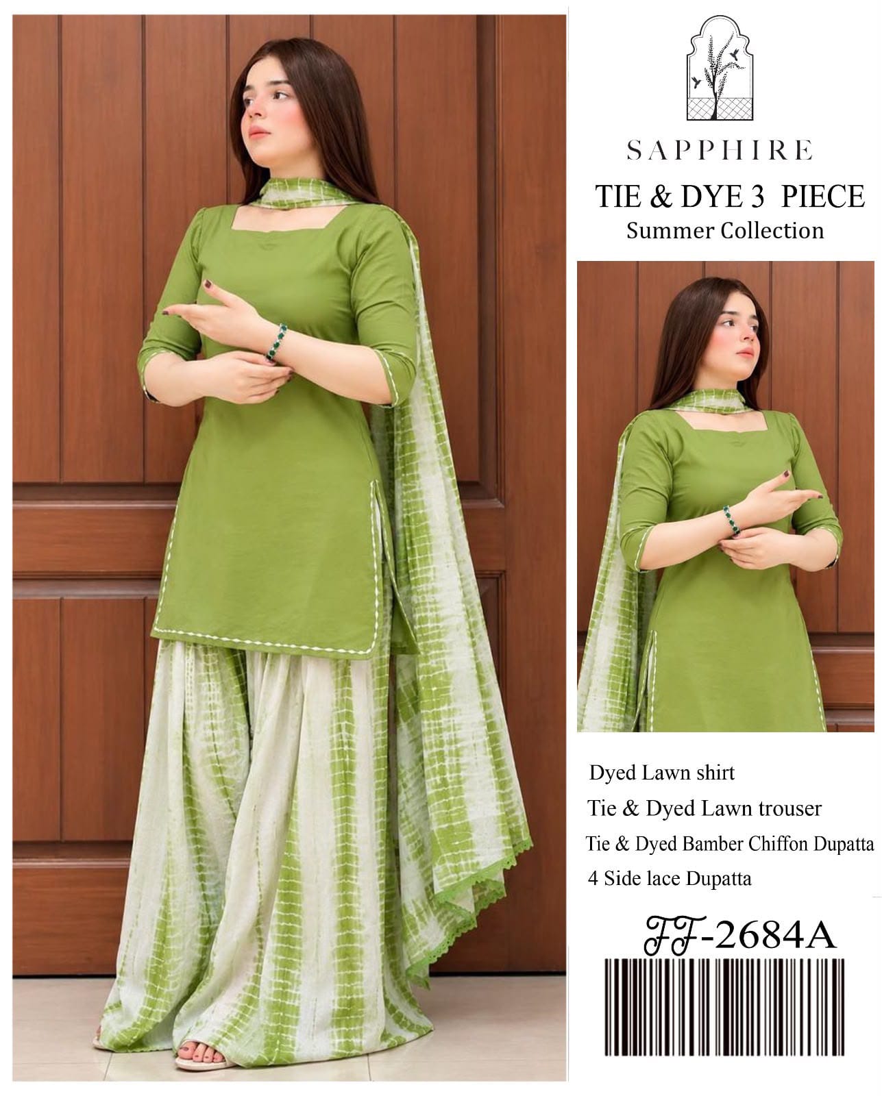 Sapphire Inspired Olive Green Tie & Dye 3 Piece Unstitched Lawn Suit – Premium Summer Collection