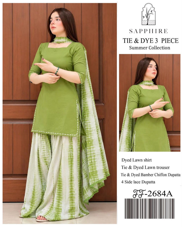 Sapphire Inspired Olive Green Tie & Dye 3 Piece Unstitched Lawn Suit – Premium Summer Collection