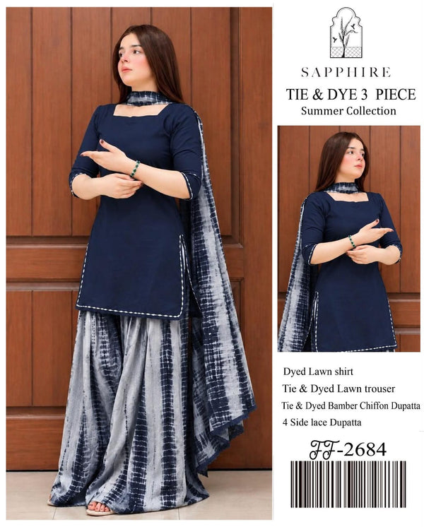 Sapphire Inspired Navy Blue Tie & Dye 3 Piece Unstitched Lawn Suit – Premium Summer Collection