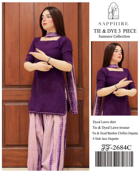 Sapphire Inspired Purple Tie & Dye 3 Piece Unstitched Lawn Suit – Premium Summer Collection